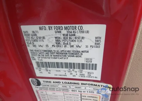 2011 Ford F-150 Lariat z USA, uszkodzony, nr VIN 1FTFW1ETXBFC47317